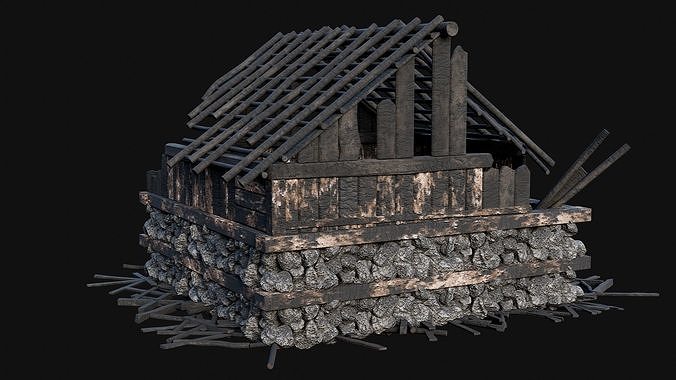 BURNED STONE HOUSES RUIN DESTROYED COTTAGE OLD AAA COLLECTION Low-poly 3D model 3