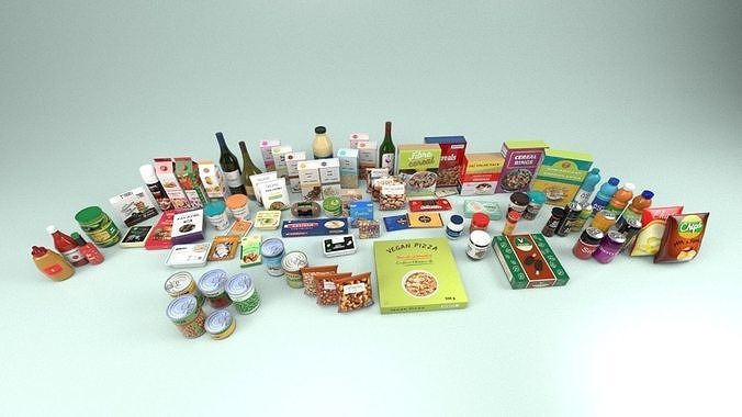 Groceries collection and beverage products Low-poly 3D model 3
