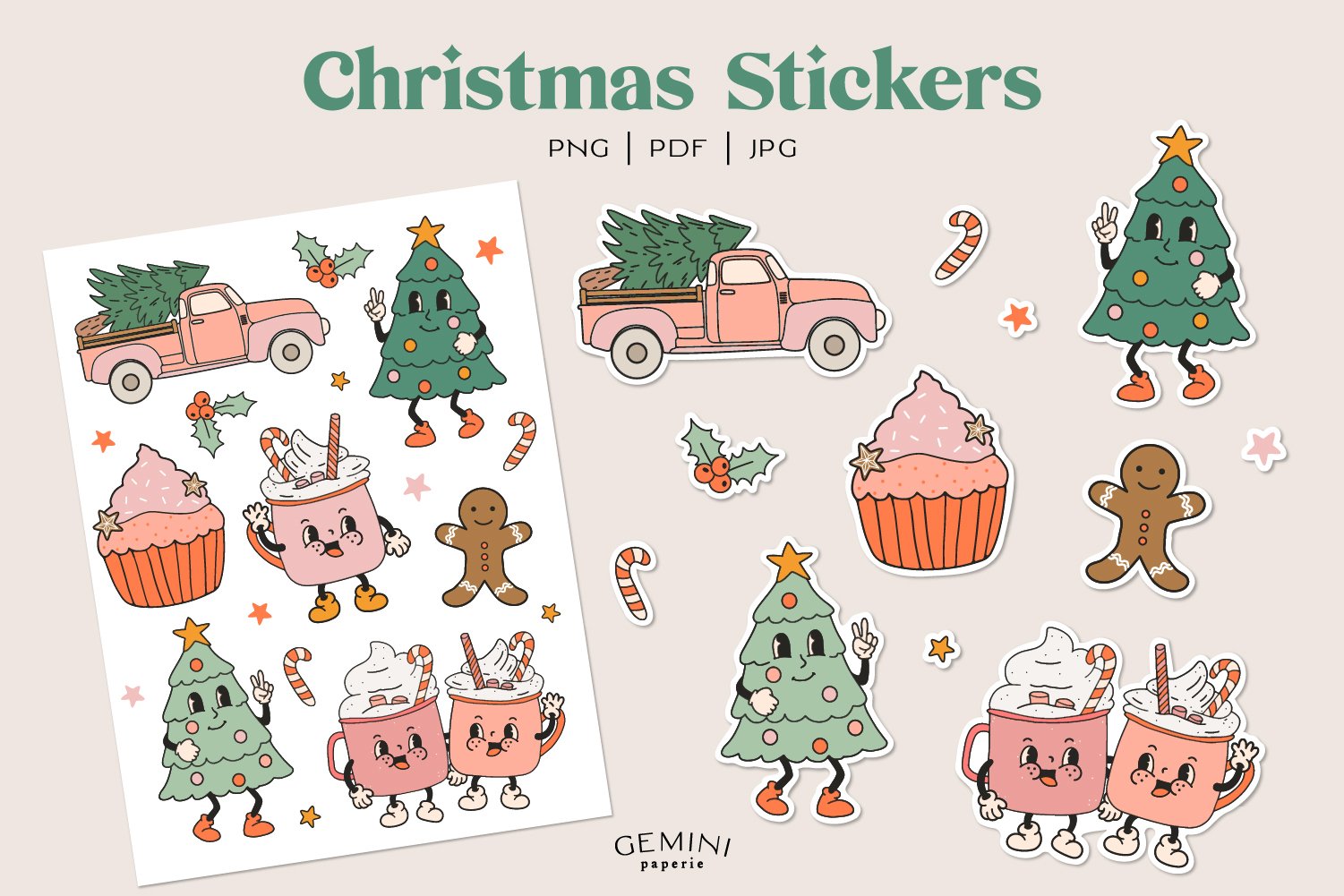 Christmas Stickers | Printable Stickers | Retro Christmas