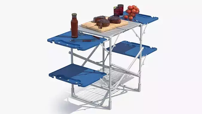 Camping Grill Table with Steak and BBQ Tools Blue 3D model