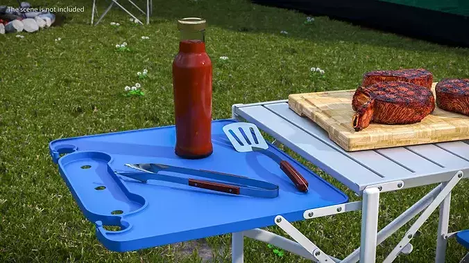 Camping Grill Table with Steak and BBQ Tools Blue 3D model 2