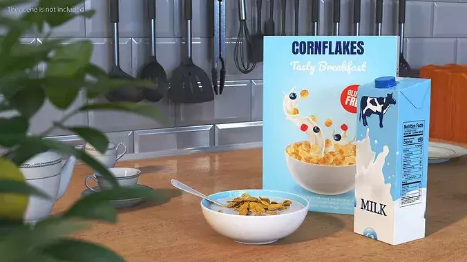 Breakfast with Milk and Cornflakes 3D model 2