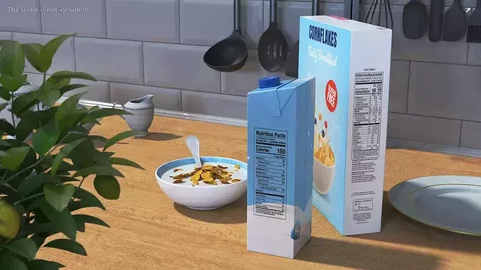 Breakfast with Milk and Cornflakes 3D model 3