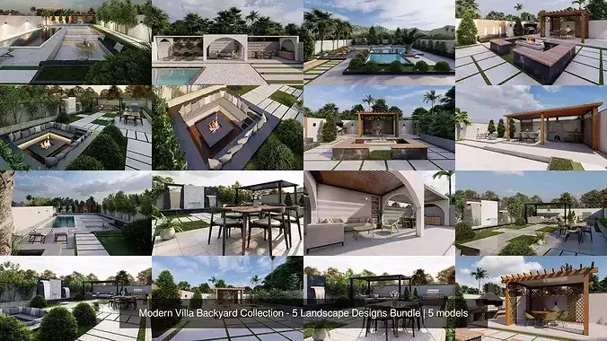 Modern Villa Backyard Collection - 5 Landscape Designs Bundle 3D Model Pack