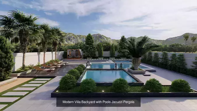 Modern Villa Backyard Collection - 5 Landscape Designs Bundle 3D Model Pack 3