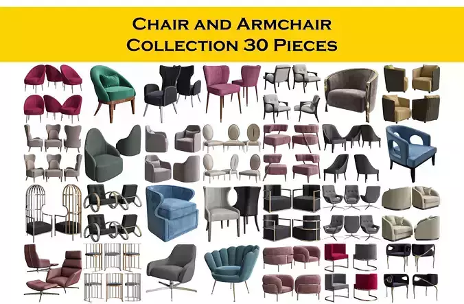 Chair and Armchair Collection 30 Pieces 3d model 3D model