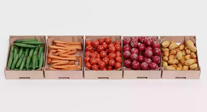 Vegetable in Boxes - Filled Cardboard Produce Crates 3D model 2