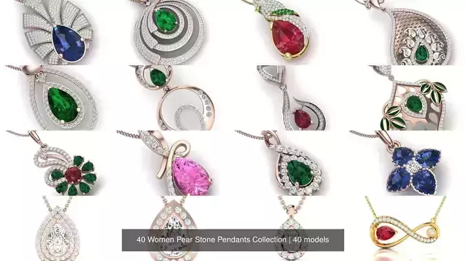 40 Women Pear Stone Pendants Collection 3D Model Pack
