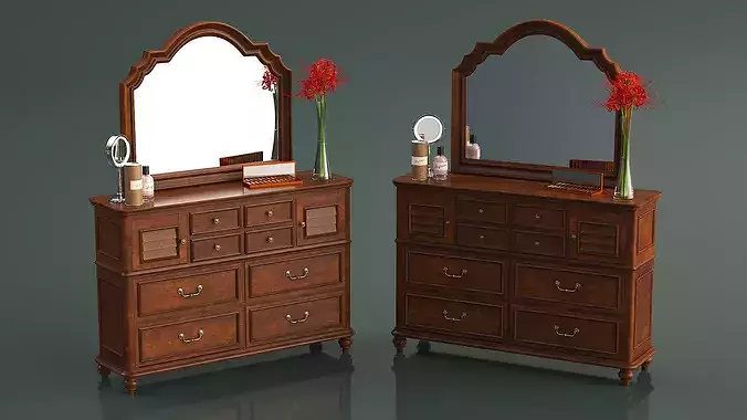 Classic Wooden Dresser with Mirror and Beauty Essentials 3D model
