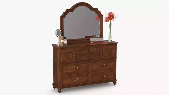 Classic Wooden Dresser with Mirror and Beauty Essentials 3D model 2