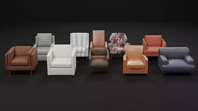 Modern Armchair and Accent Collection 02 - 10 Style Variant Pack Low-poly 3D model
