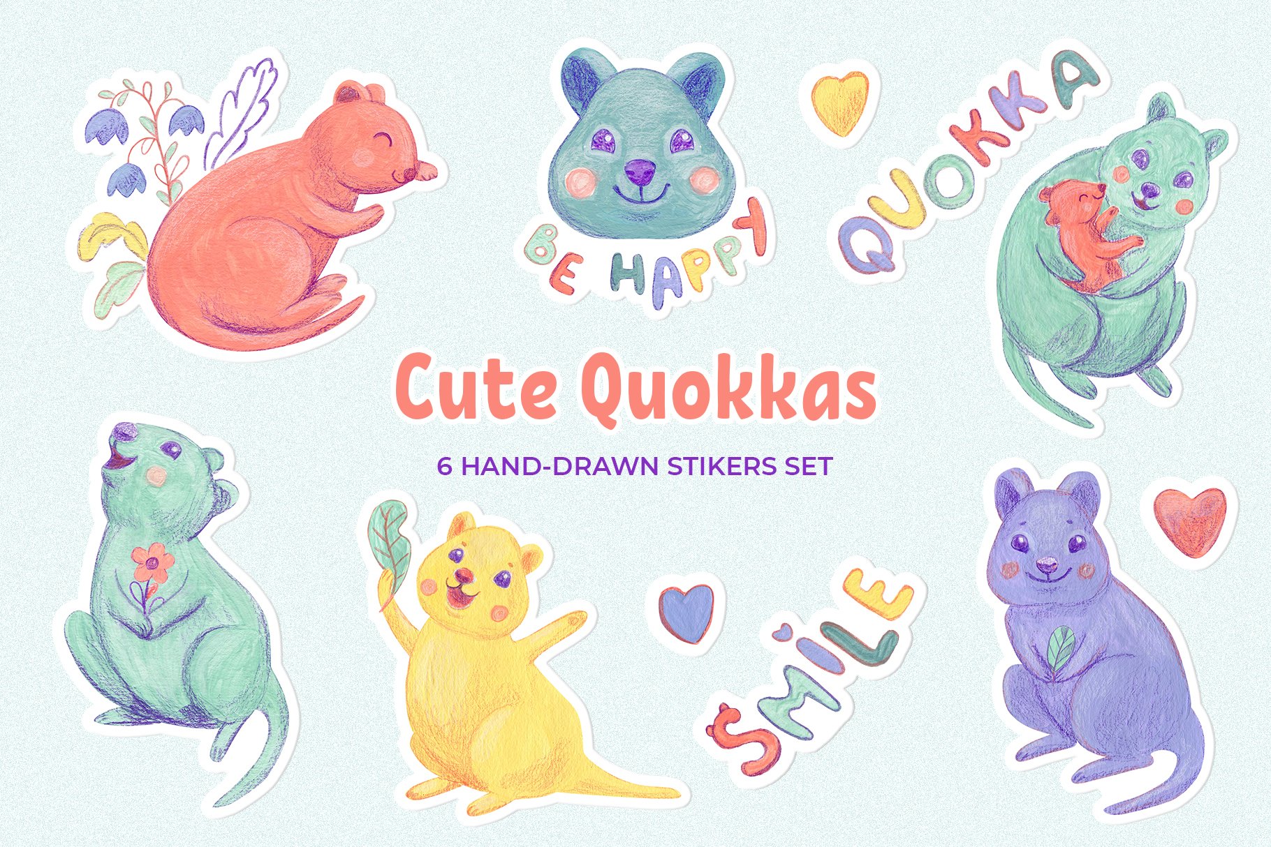 Cute quokkas. Hand drawn stikers set.