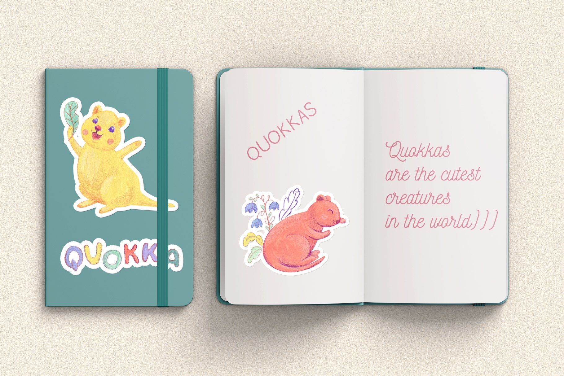 Cute quokkas. Hand drawn stikers set. 2