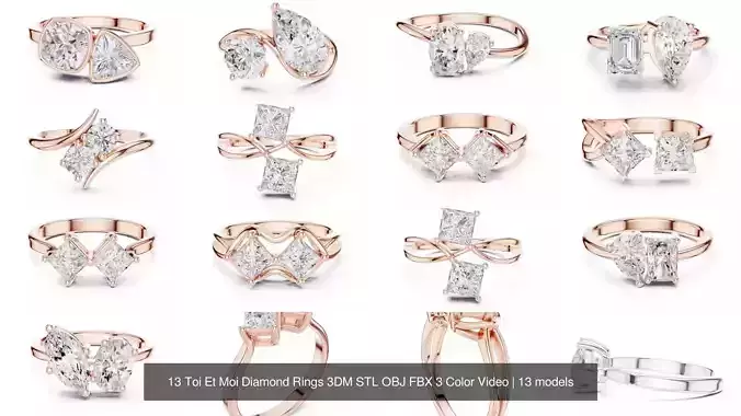 13 Toi Et Moi Diamond Rings 3DM STL OBJ FBX 3 Color Video 3D Model Pack