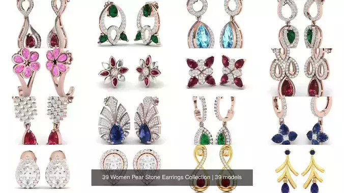 39 Women Pear Stone Earrings Collection 3D Model Pack