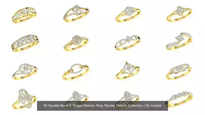 50 Double Band V Shape Women Ring Render Details Collection 3D Model Pack