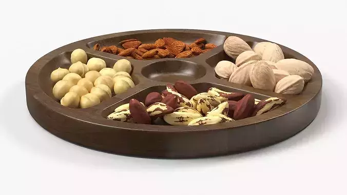 Round Wooden Tray with Nuts 3D model