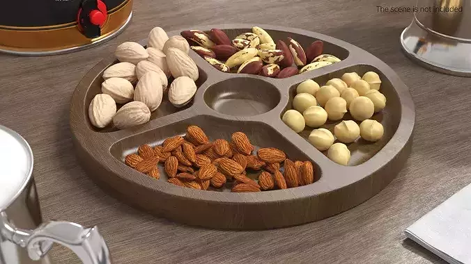 Round Wooden Tray with Nuts 3D model 3