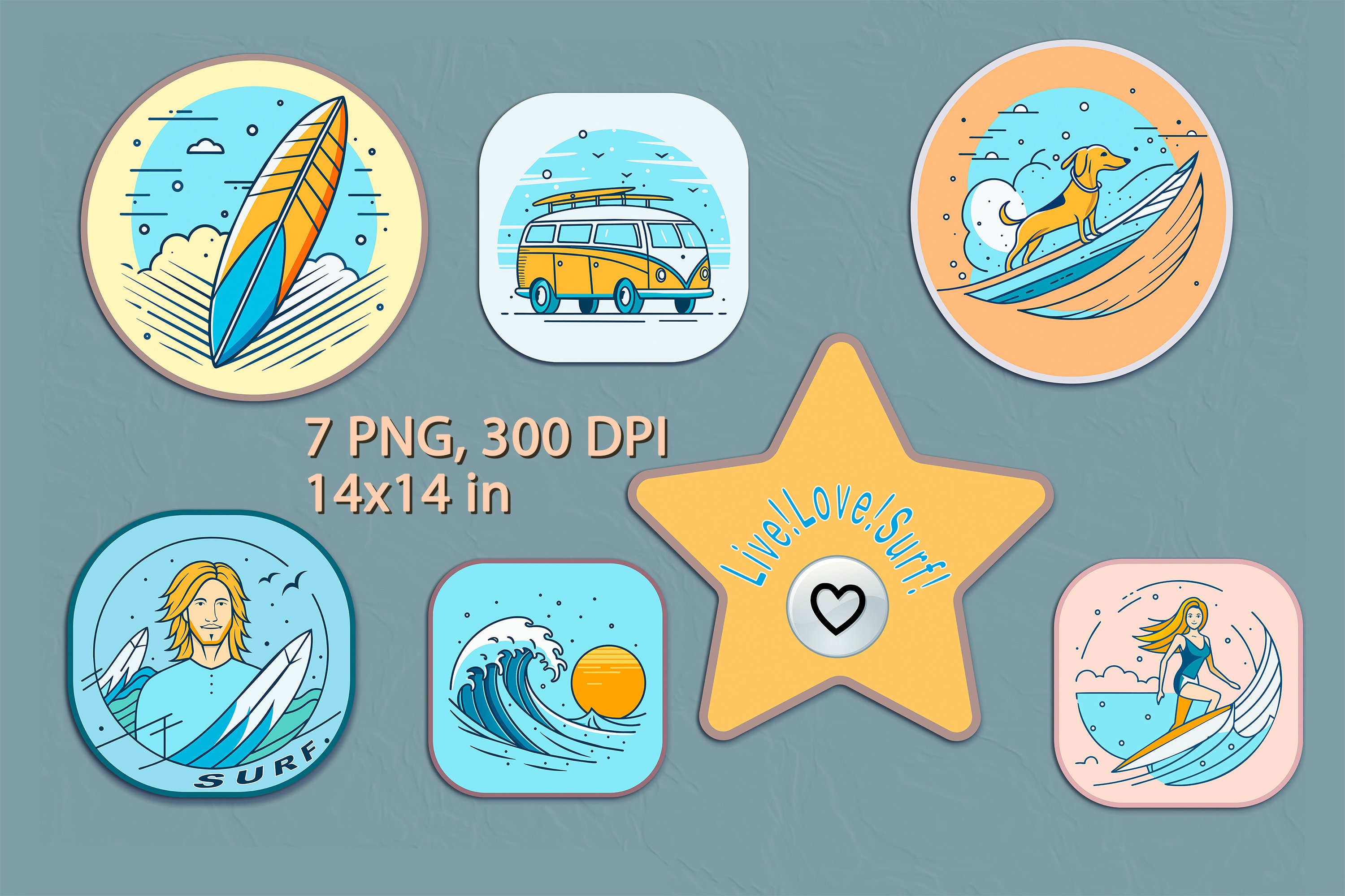 7 PNG surf stickers pack, dog surfer, girl surf sticker