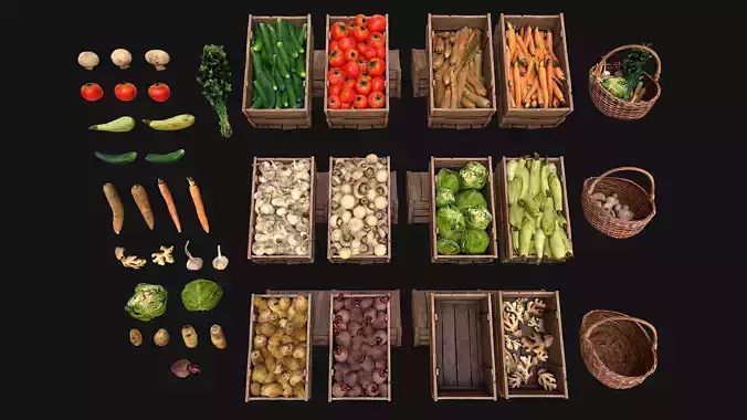 Set of Boxes of Vegetables Crate Medieval Farm Bazaar Food Stall Low-poly 3D model