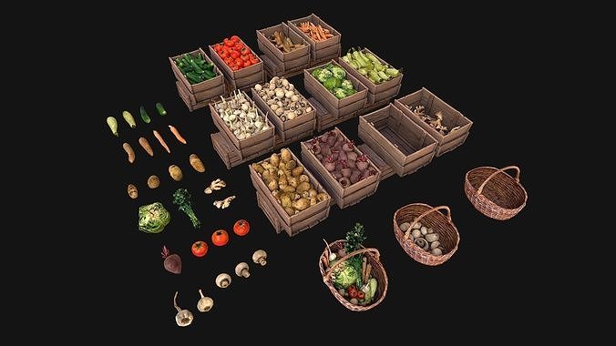 Set of Boxes of Vegetables Crate Medieval Farm Bazaar Food Stall Low-poly 3D model 3