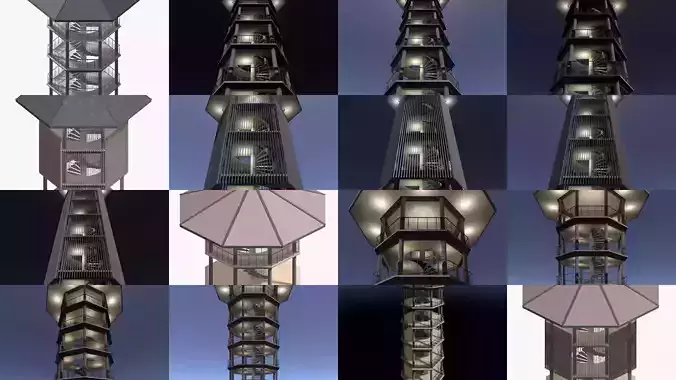 Tropical tower and pavilion 3D Model Pack 2