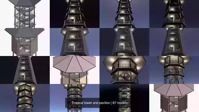 Tropical tower and pavilion 3D Model Pack 3