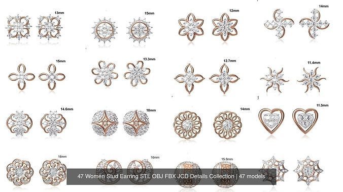 47 Women Stud Earring STL OBJ FBX JCD Details Collection 3D Model Pack 2